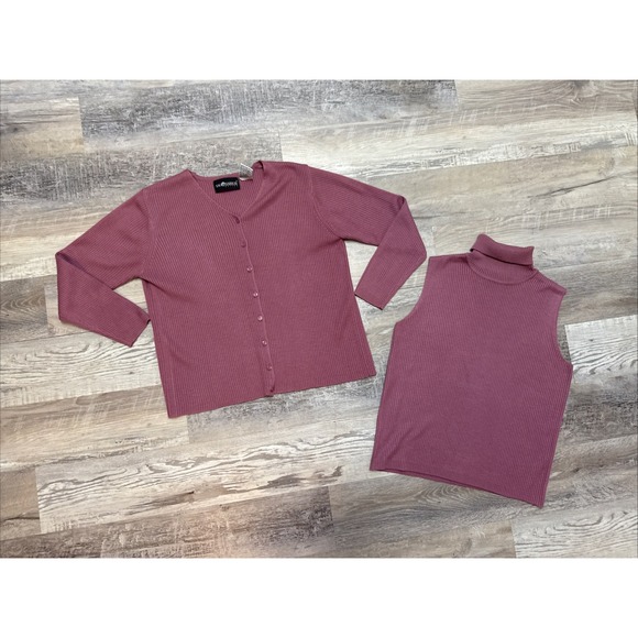 Vtg Sag Harbor Sweater Set Petite Mauve Twinset Cardigan Turtleneck 90s Y2K - Picture 5 of 15
